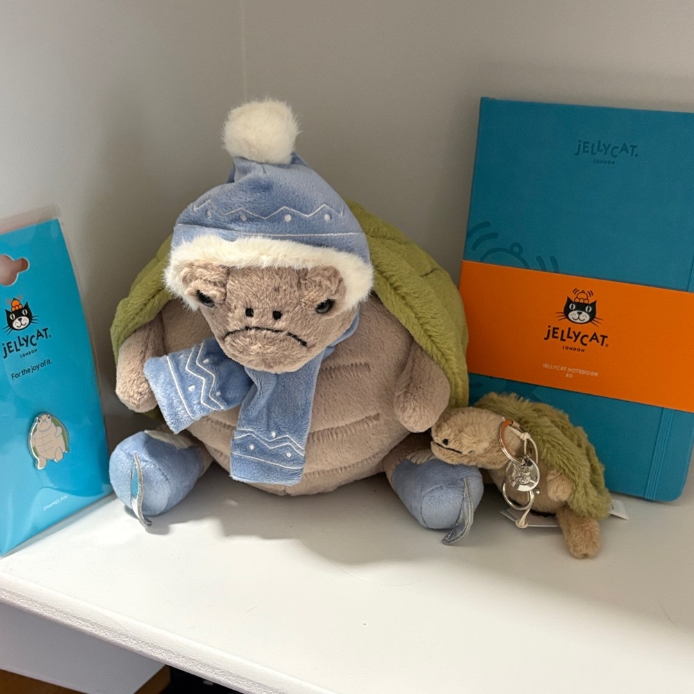 Jellycat Turtle with scarf & skates/ hat & Keychain turtle! A5 JC Notebook. Pin